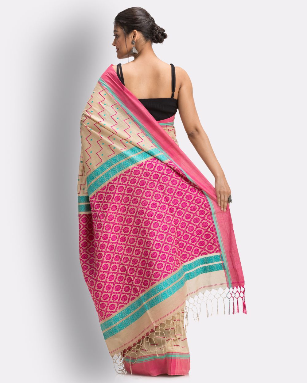 Pink and cream handwoven cotton bengal saree