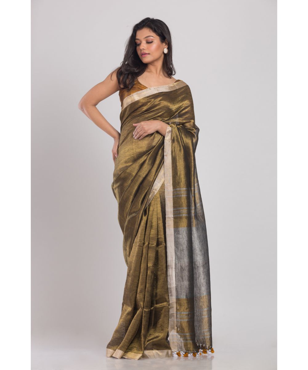 Golden handwoven bengal linen saree