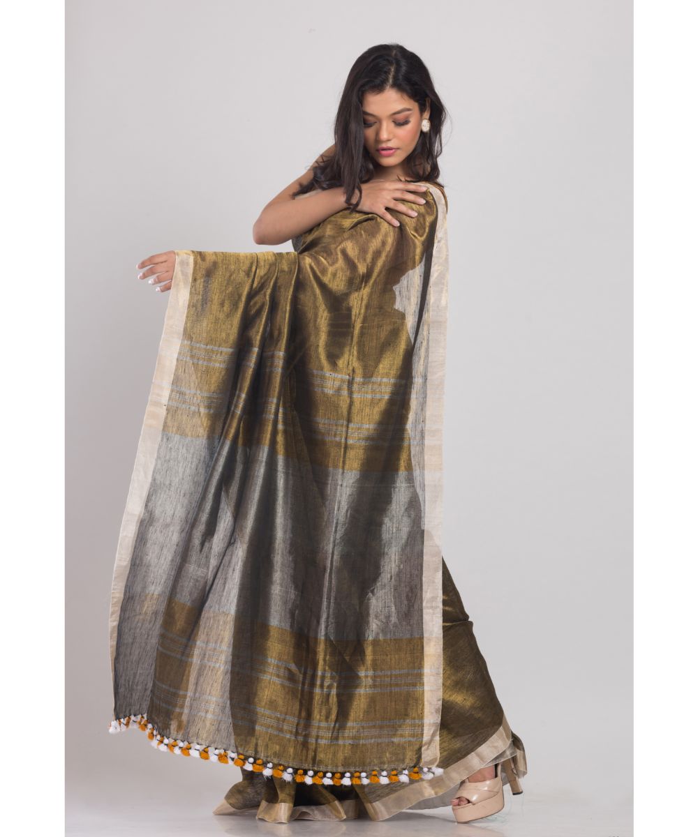 Golden handwoven bengal linen saree