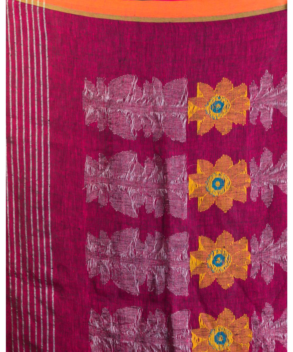 Maroon handwoven bengal linen jamdani saree