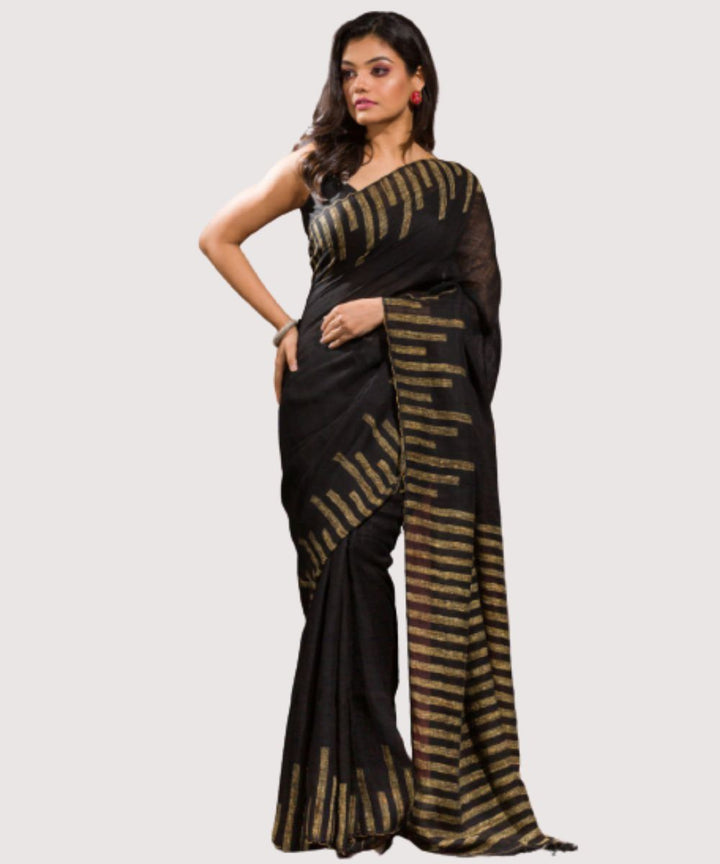 Black beige handwoven bengal linen jamdani saree