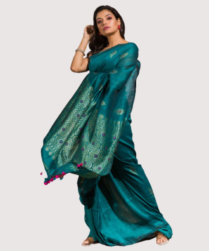 Teal green handwoven bengal cotton linen saree
