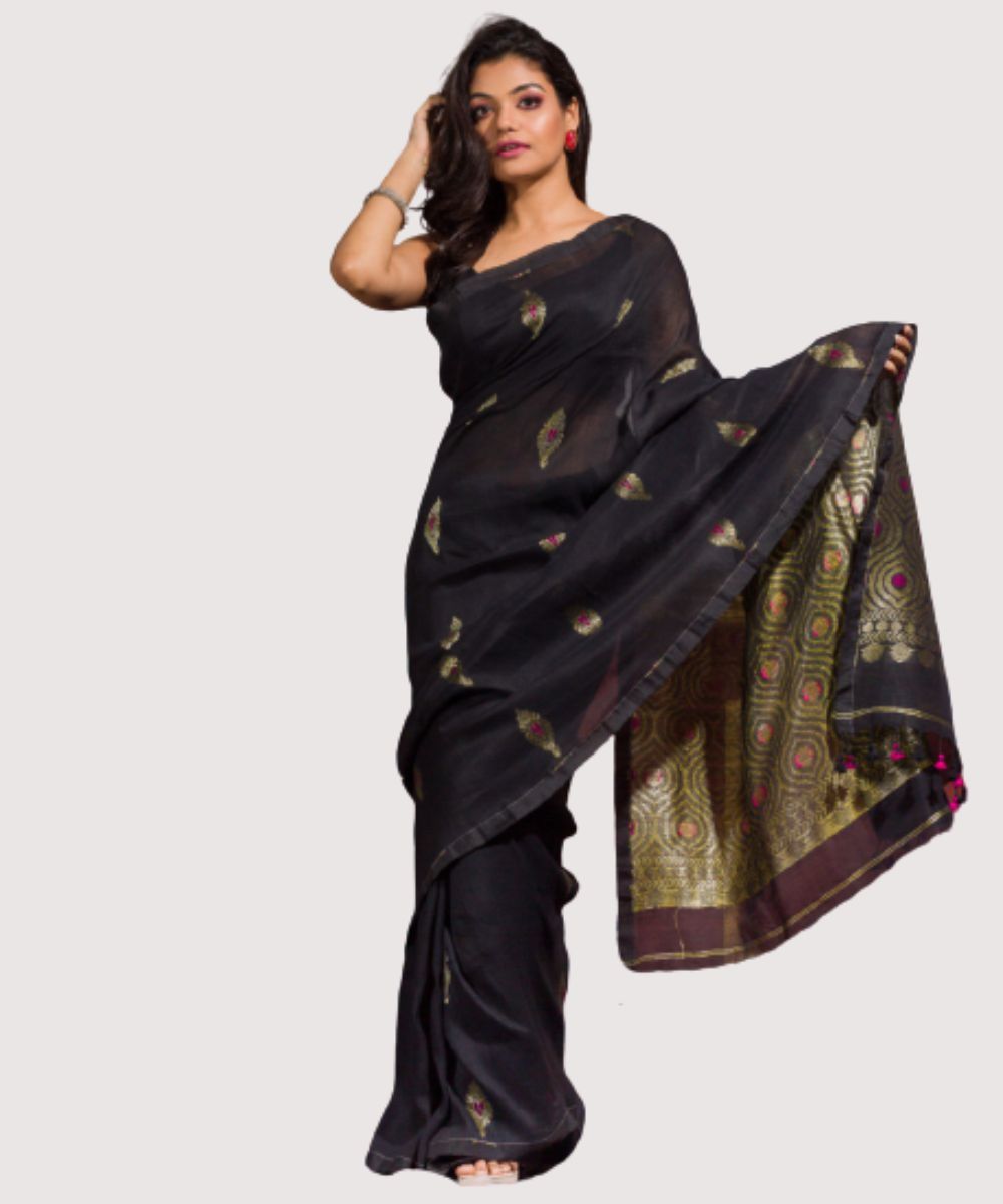 Black handwoven bengal cotton linen saree