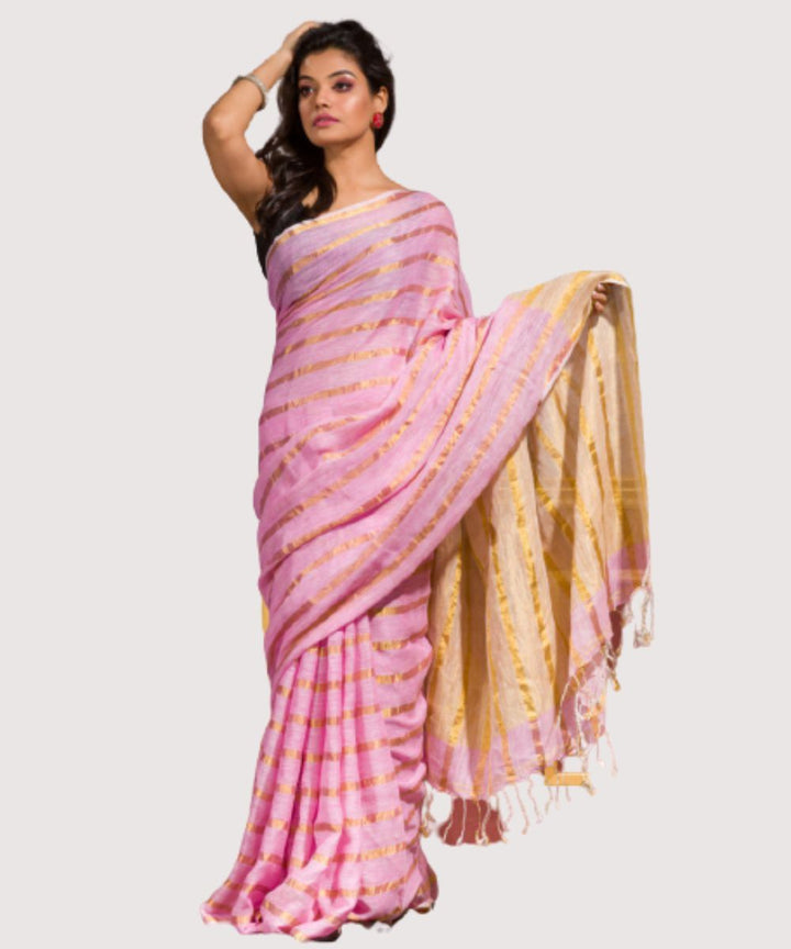 Light pink gold handwoven bengal linen saree