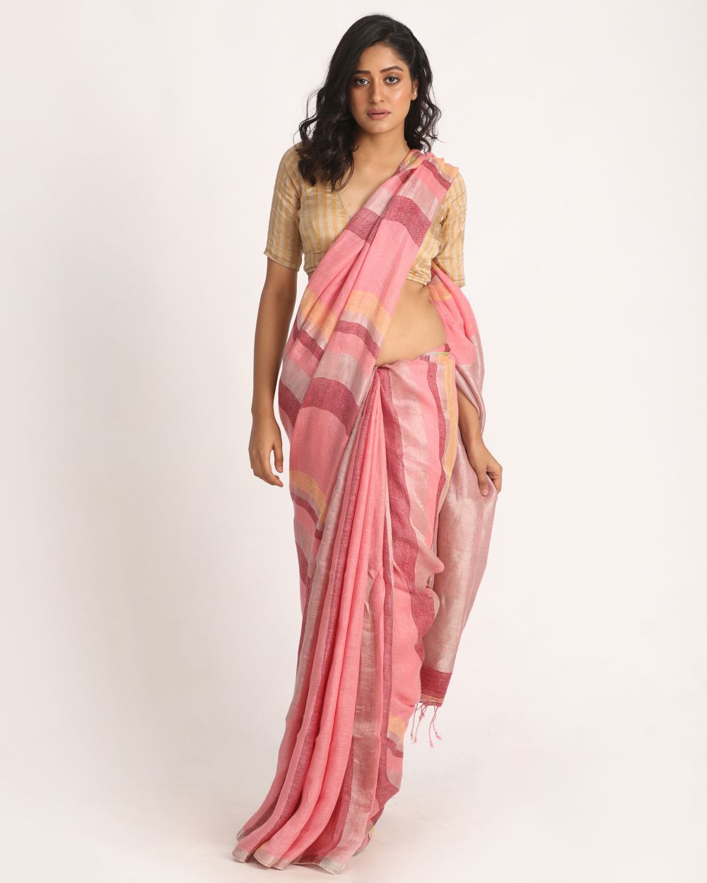 Light pink handwoven linen saree