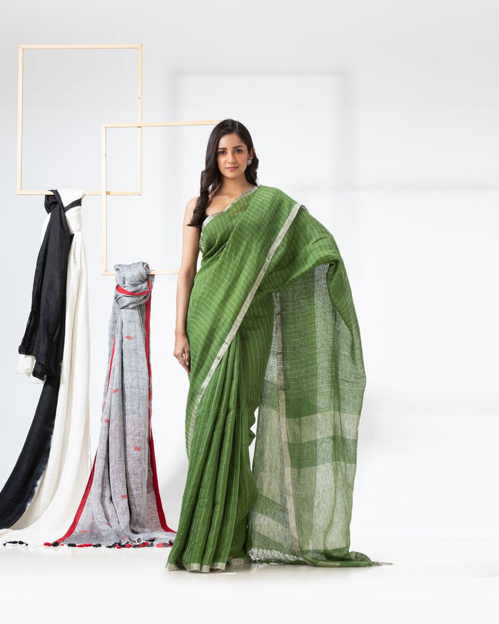 Green handwoven linen bengal saree