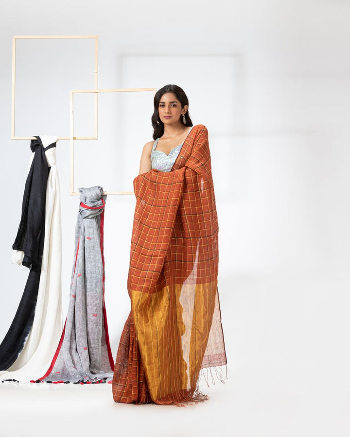 Orange handwoven linen bengal saree