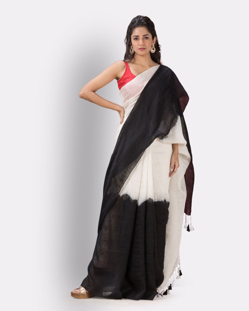 White black handwoven linen bengal saree