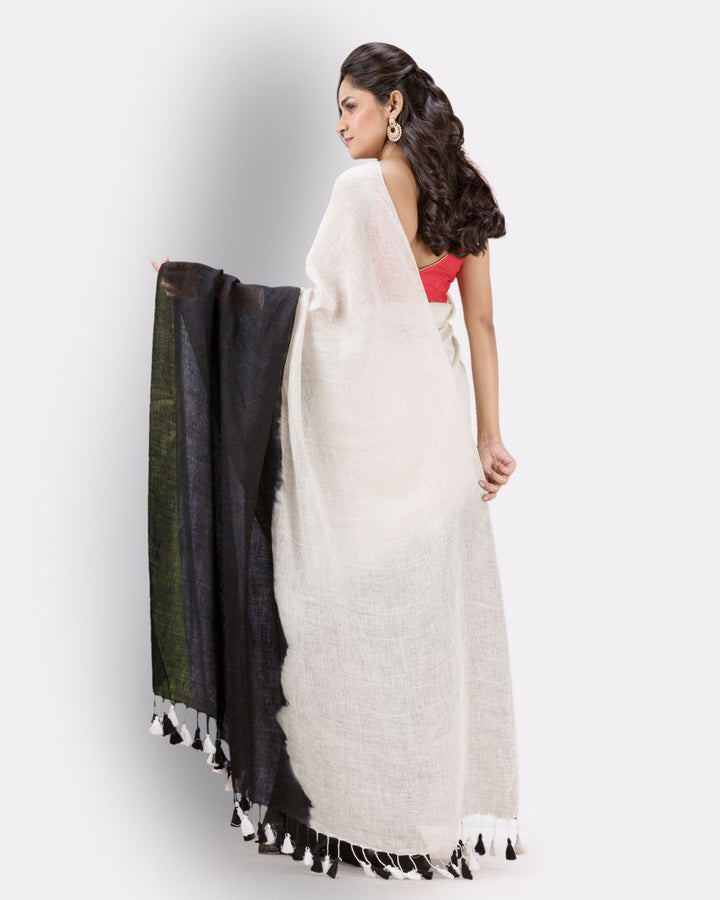 White black handwoven linen bengal saree