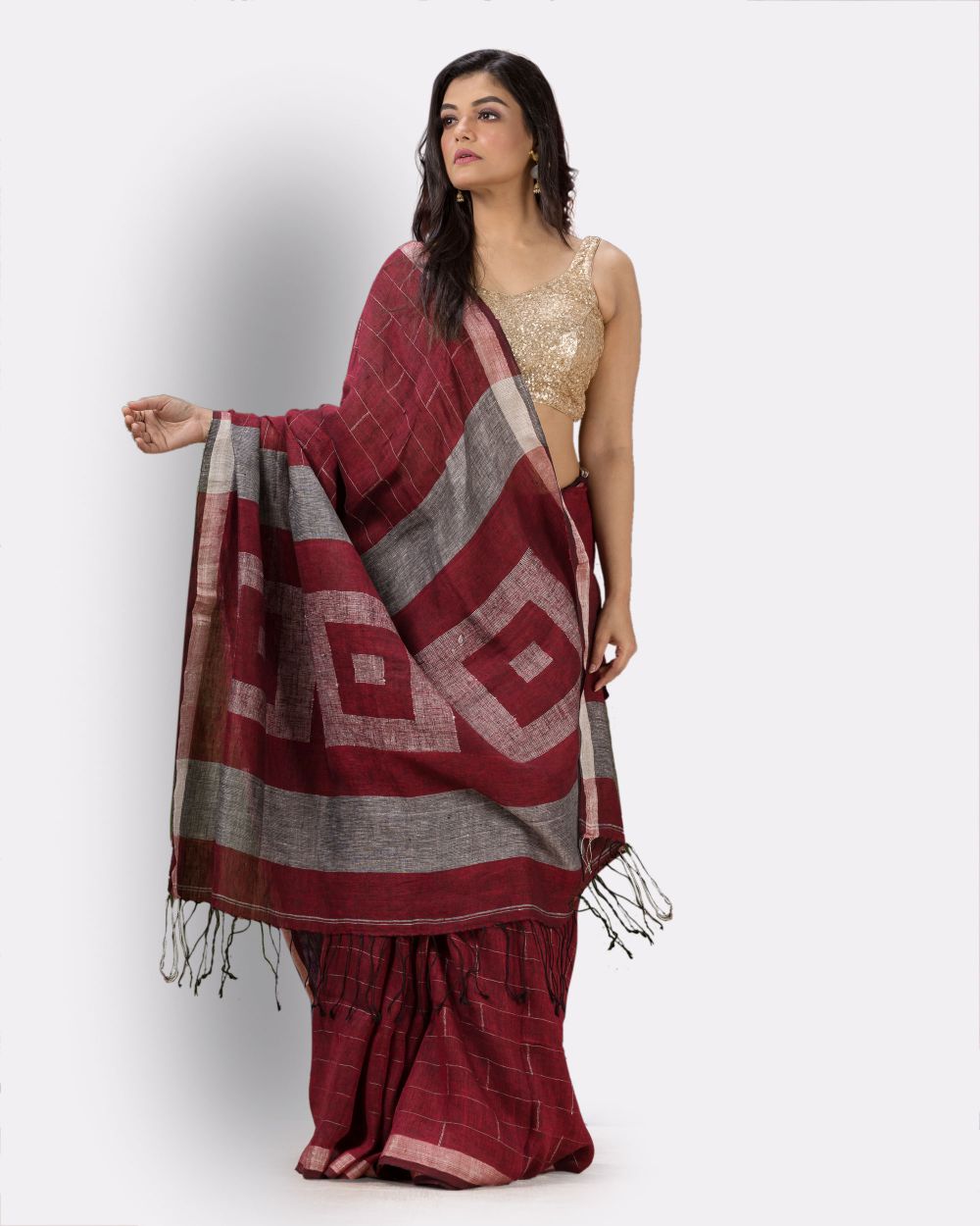 Maroon handwoven linen jamdani saree
