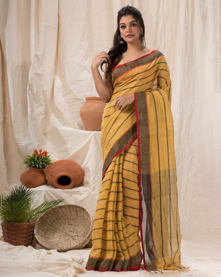 Sandy brown stripes handwoven linen bengal saree