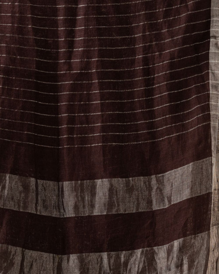 Dark brown stripes handwoven linen bengal saree