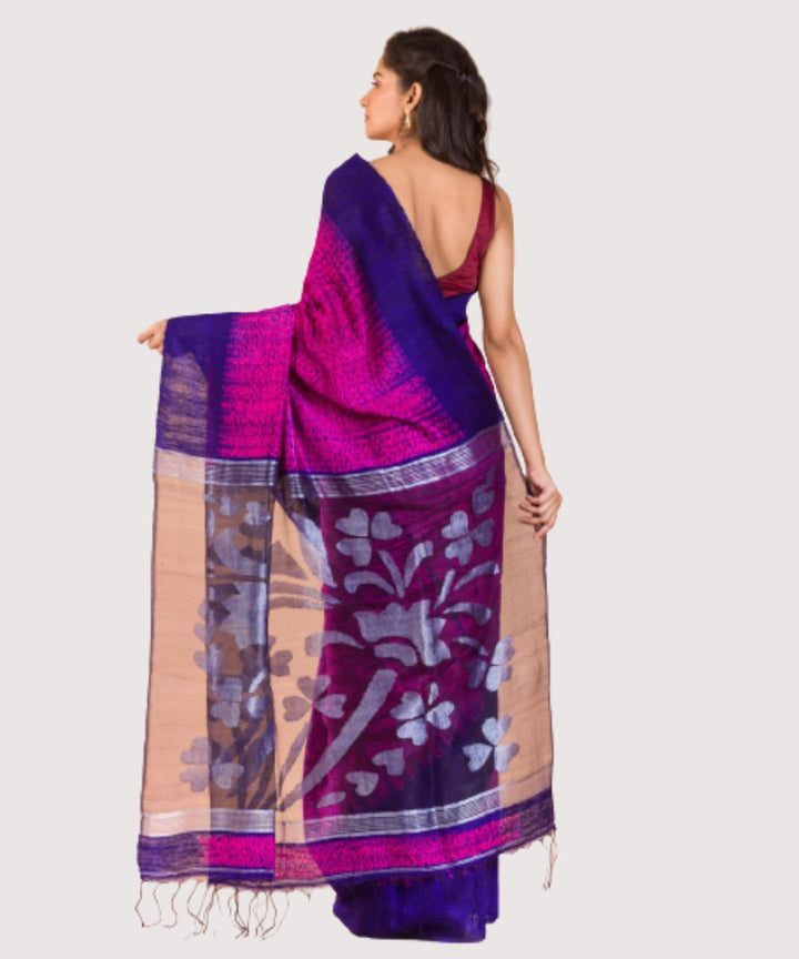 Pink blue handwoven bengal silk jamdani saree