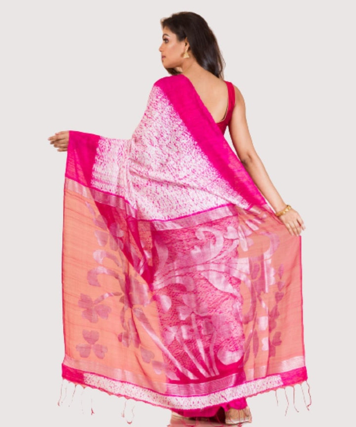 White pink handwoven bengal matka silk jamdani saree