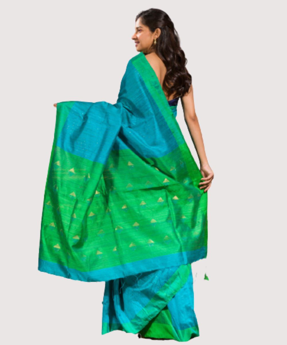Turquoise blue green handwoven bengal matka silk saree
