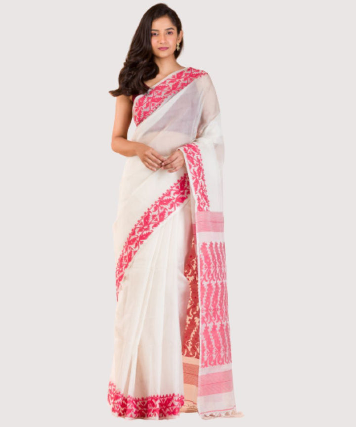 White red handwoven bengal silk jacquard jamdani saree