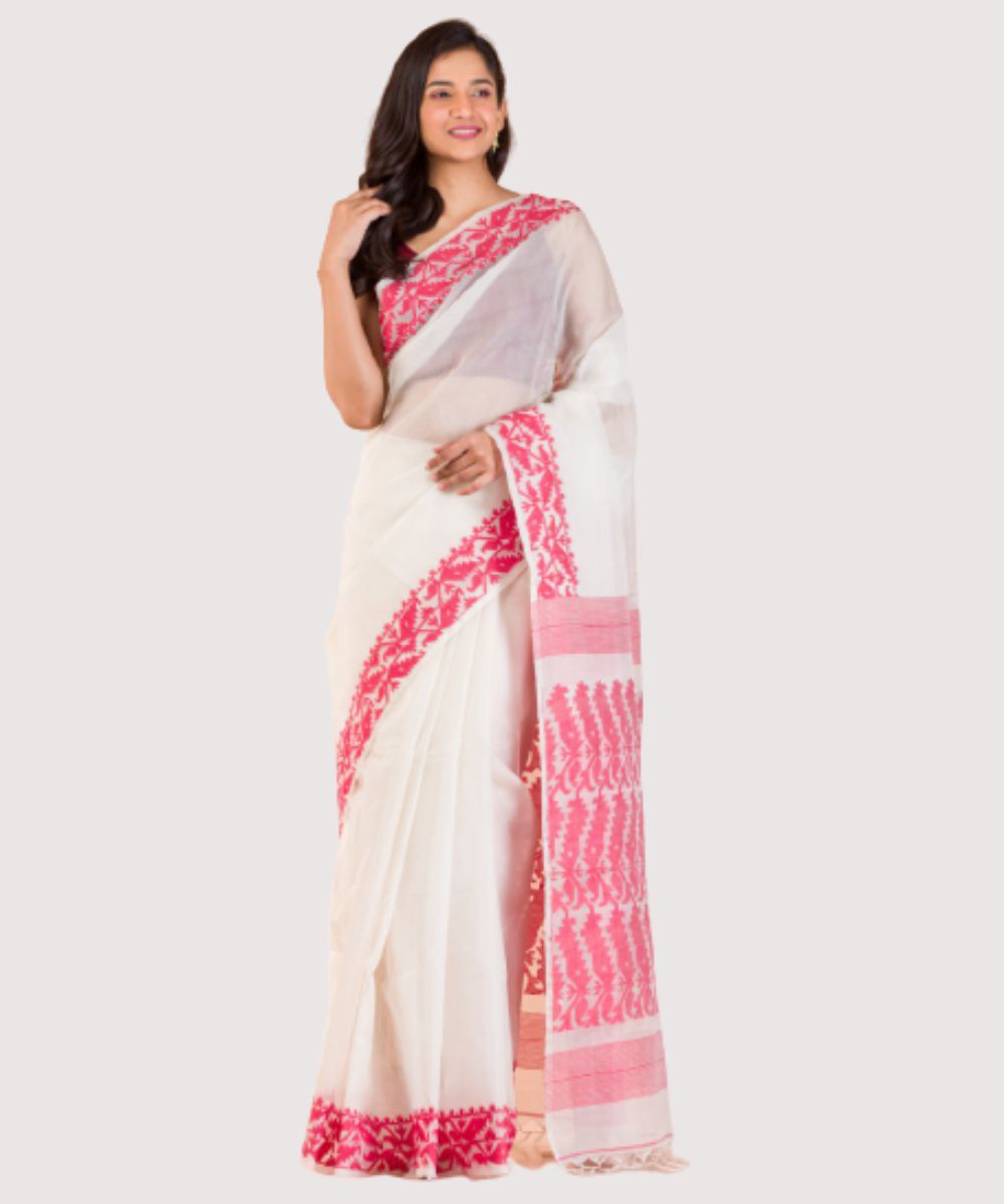 White red handwoven bengal silk jacquard jamdani saree