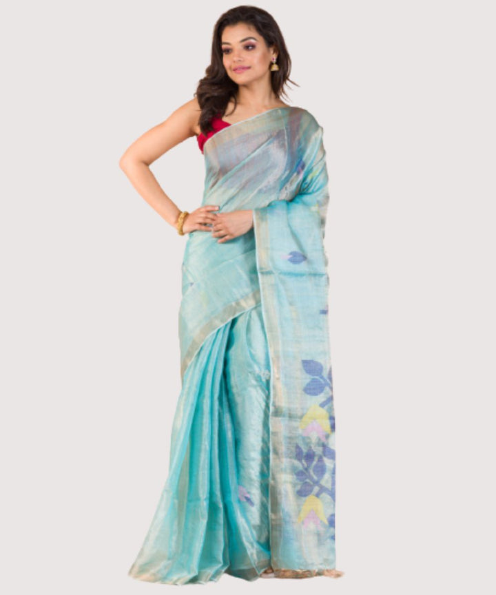 Cyan blue handwoven bengal tussar silk jamdani saree