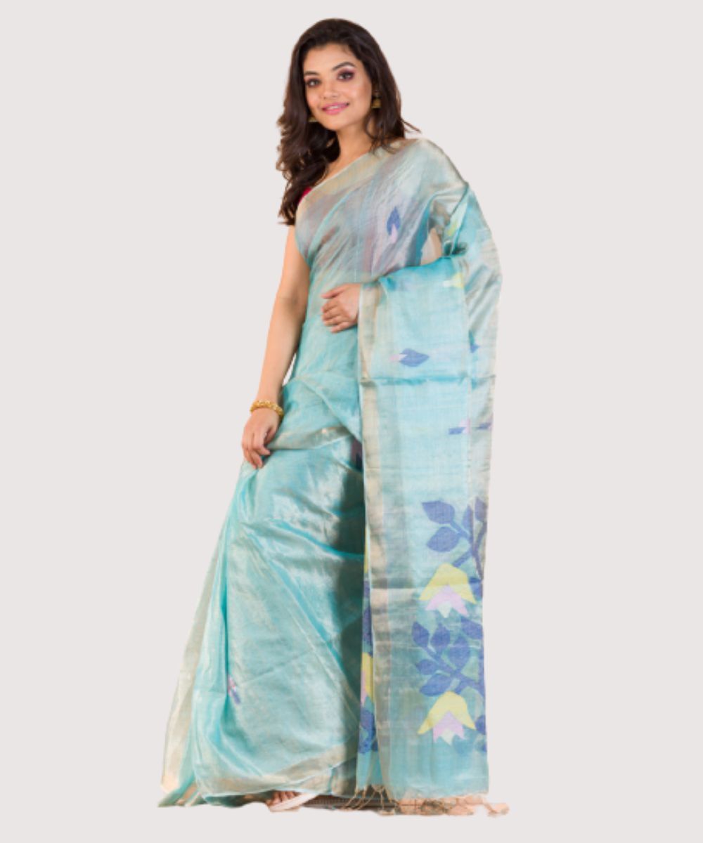 Cyan blue handwoven bengal tussar silk jamdani saree