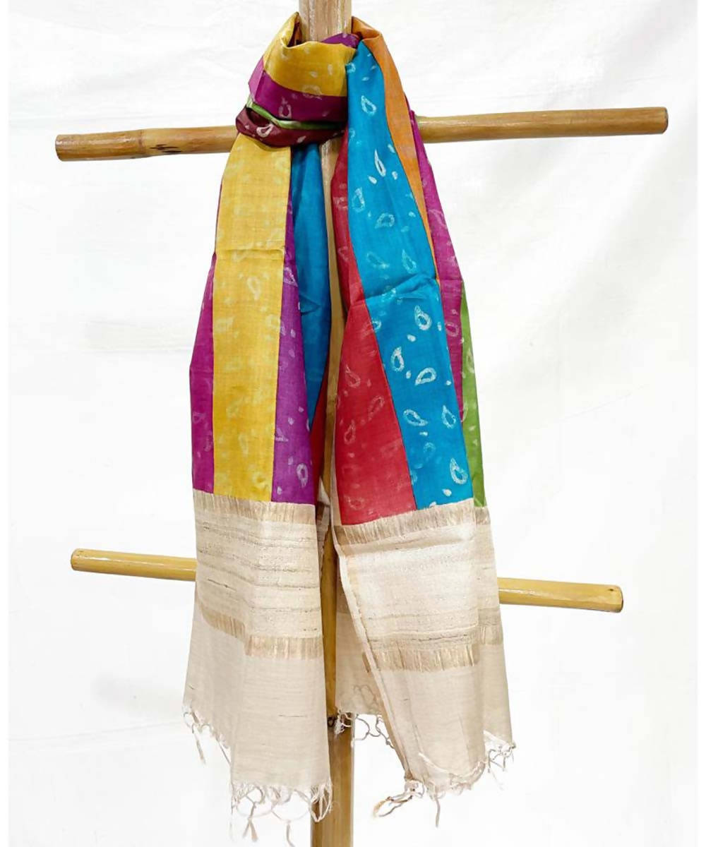 Rainbow striped handwoven block printed tussar silk stole