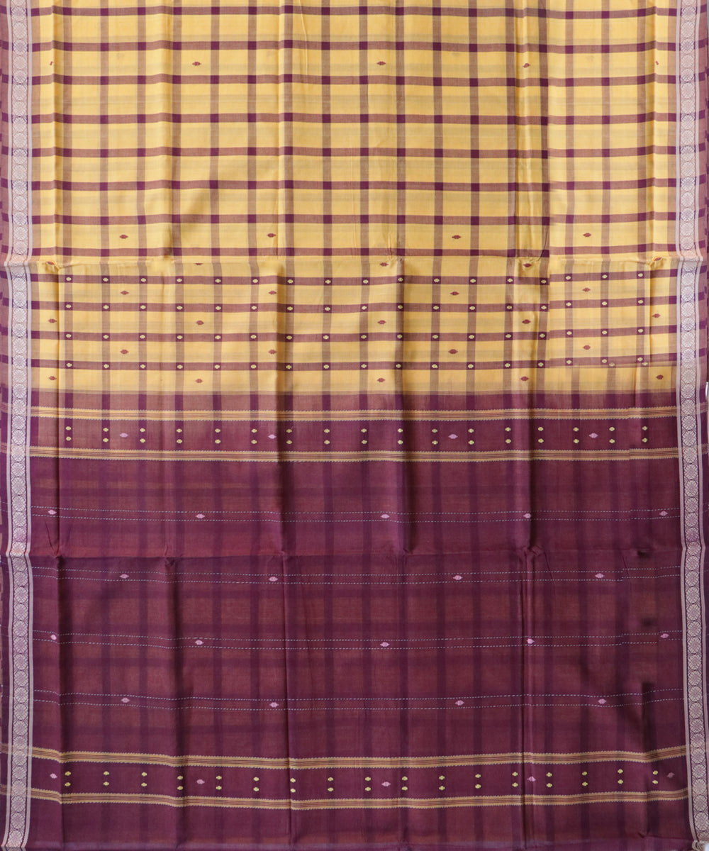 Yellow maroon checks handwoven cotton rajahmundry saree