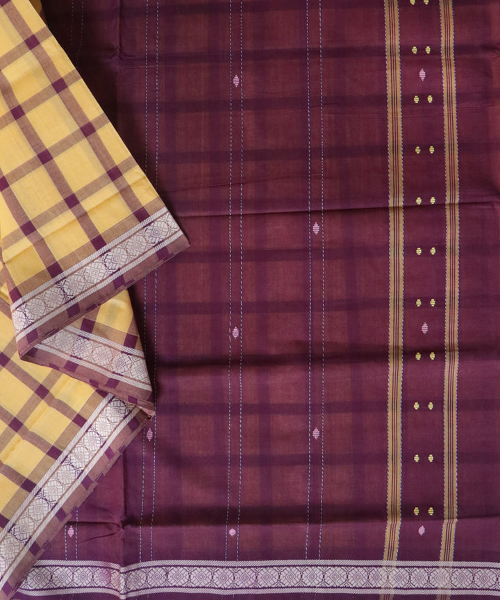 Yellow maroon checks handwoven cotton rajahmundry saree