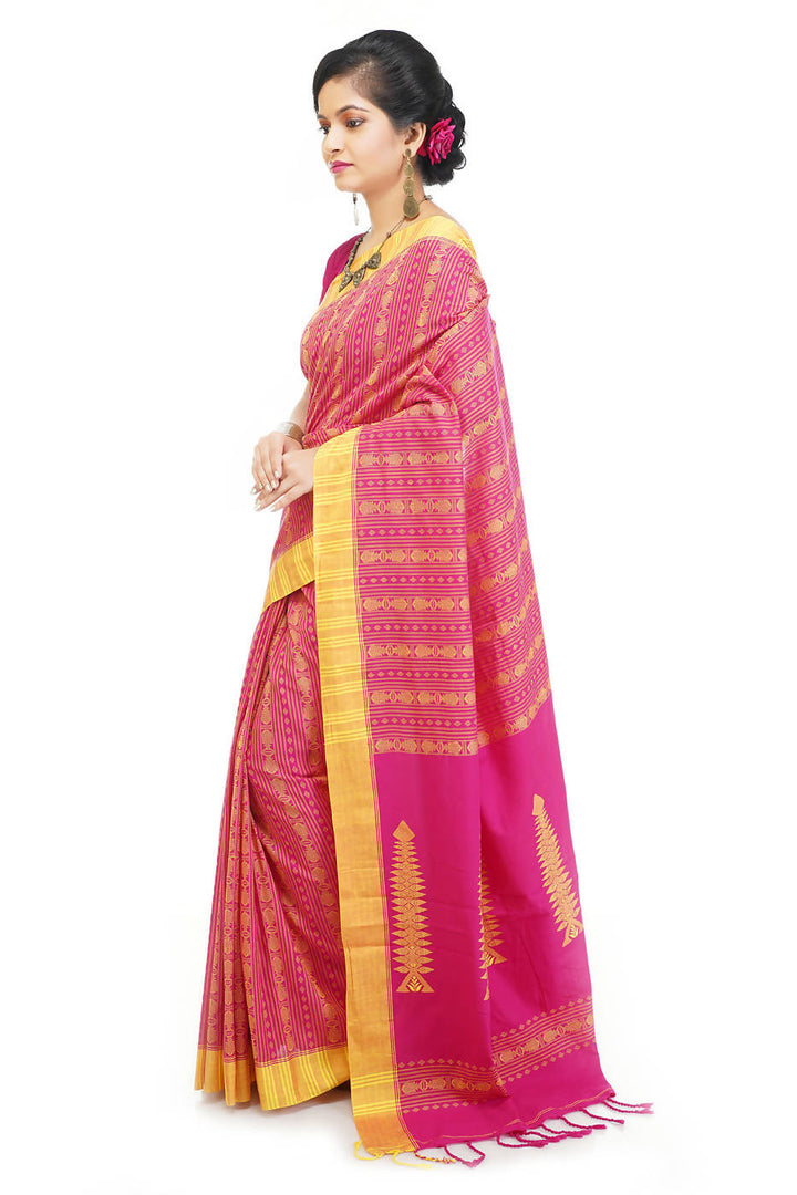 Handloom bengal pink yellow cotton saree