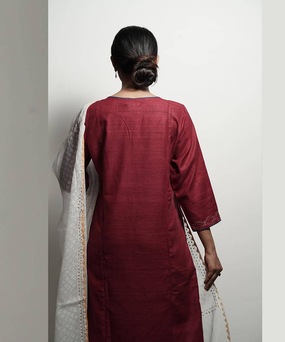 Maroon full length sleeves kantha work silk kurti