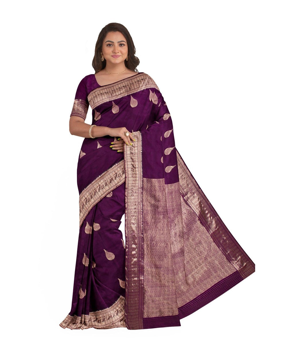 Biswa bangla purple golden silk hand loom baluchari saree