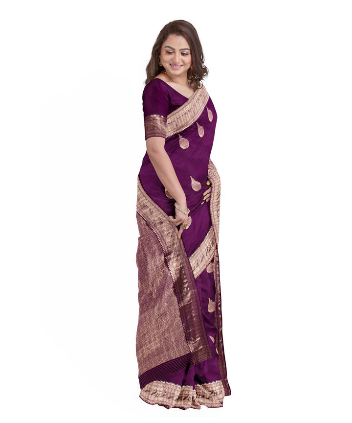 Biswa bangla purple golden silk hand loom baluchari saree