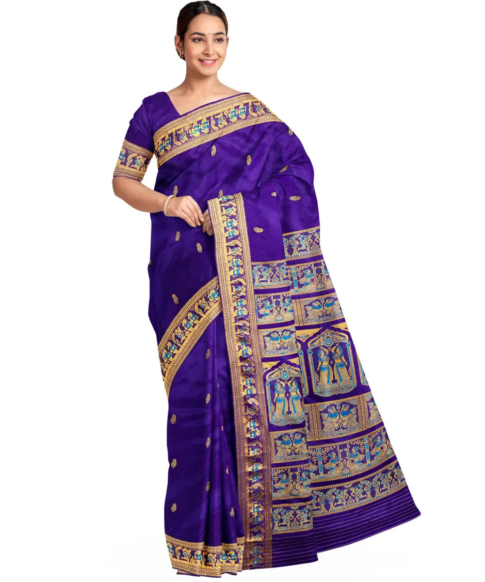 Biswa bangla purple golden silk handloom baluchari saree