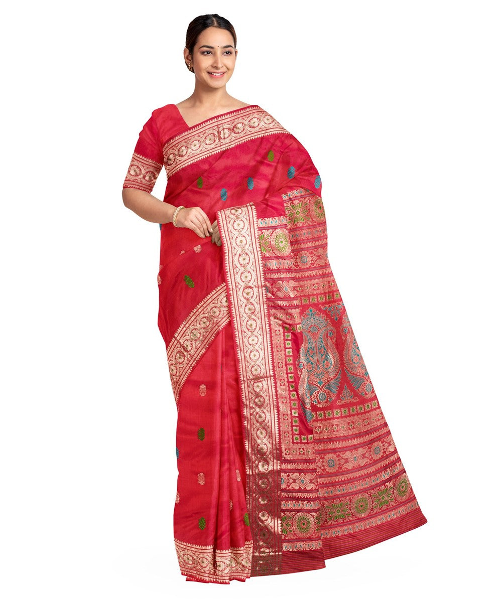 Biswa bangla handloom red silk baluchari saree