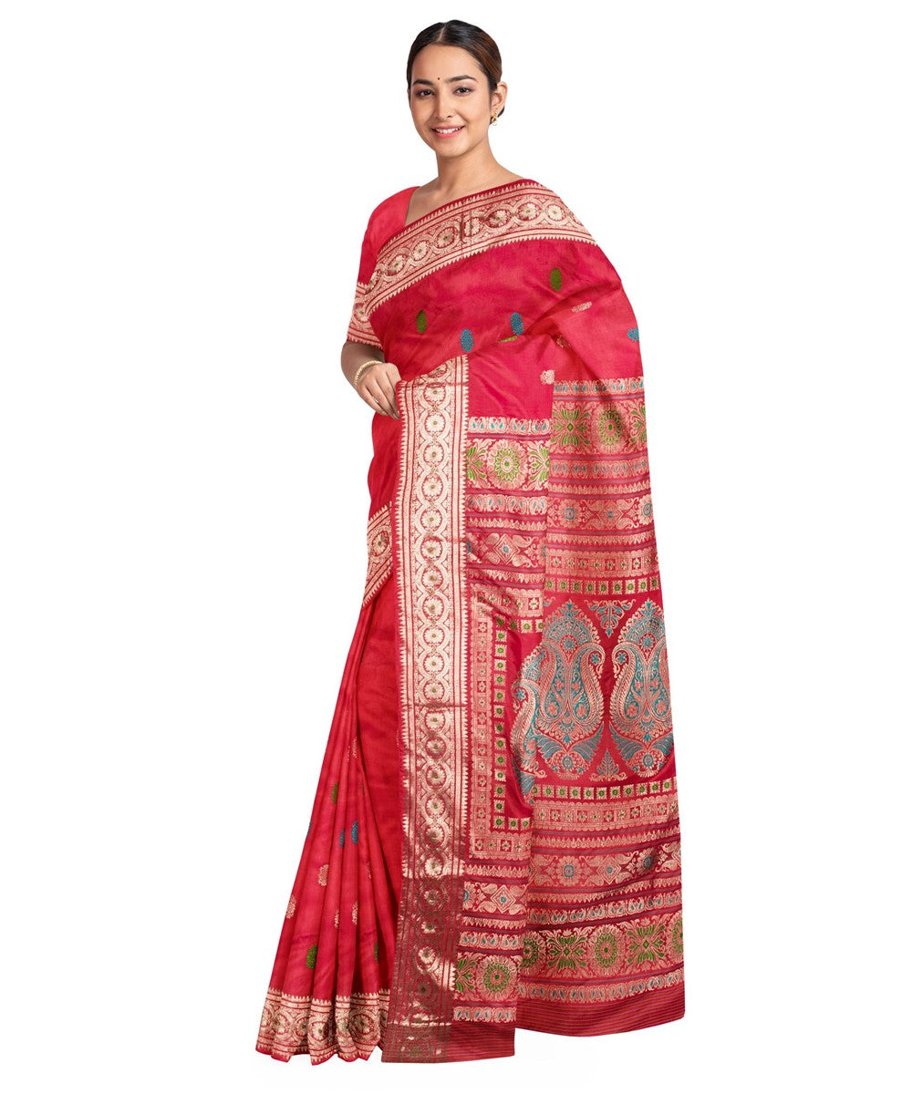 Biswa bangla handloom red silk baluchari saree