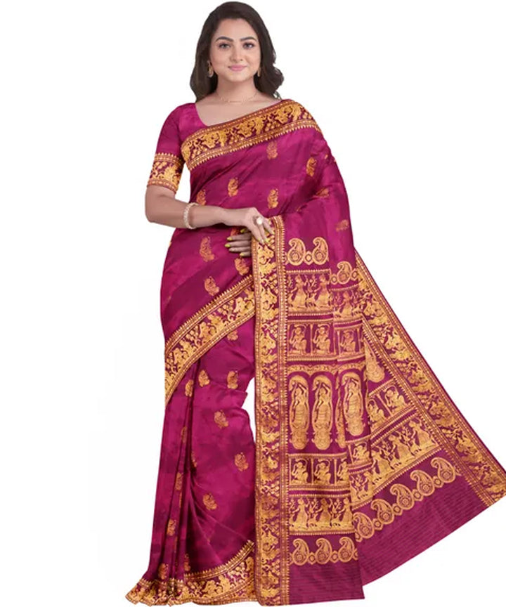 Biswa bangla pink golden silk handwoven baluchari saree