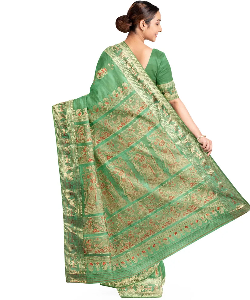 Biswa bangla light green golden silk handloom baluchari saree