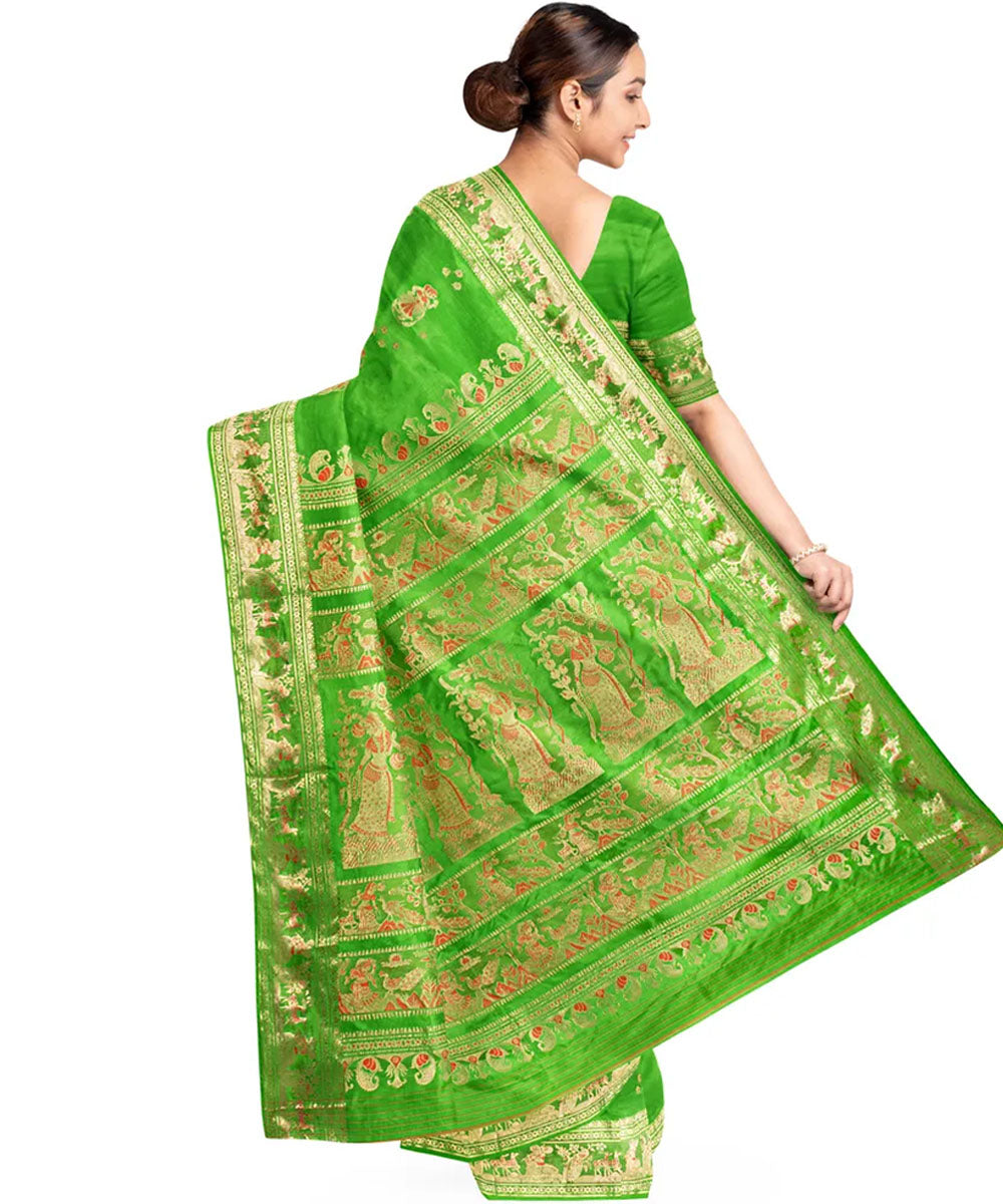 Biswa bangla lime green golden silk handloom baluchari saree