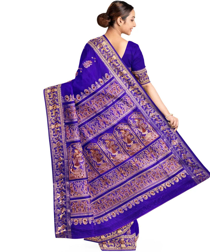 Biswa bangla navy blue golden silk handloom baluchari saree