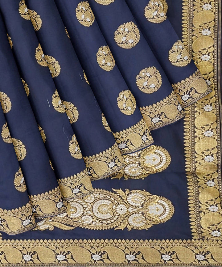 Dark navy blue handloom silk katan banarasi saree