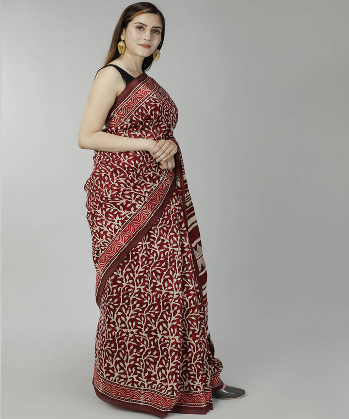 Red bagru handblock print cotton silk saree