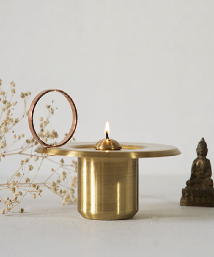 Handmade brass lunar oil lamp with copper handle
