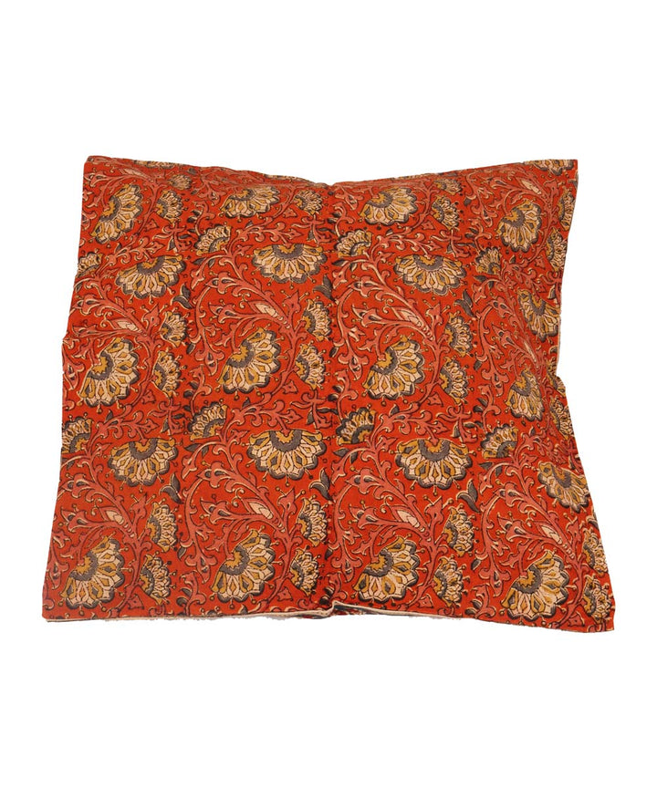 Coral red cotton hand block print kalamkari cushion cover