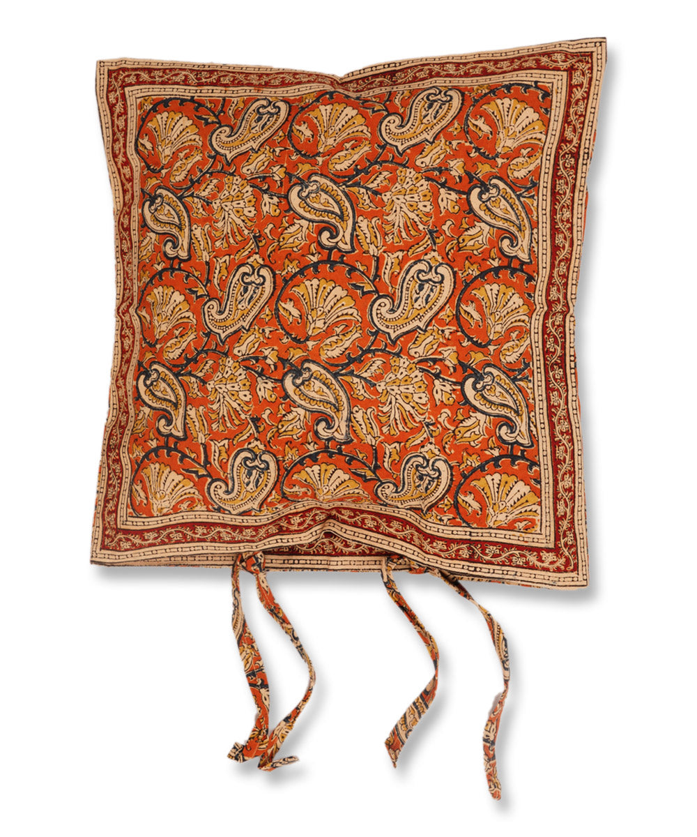 Coral orange cotton hand block print kalamkari cushion cover