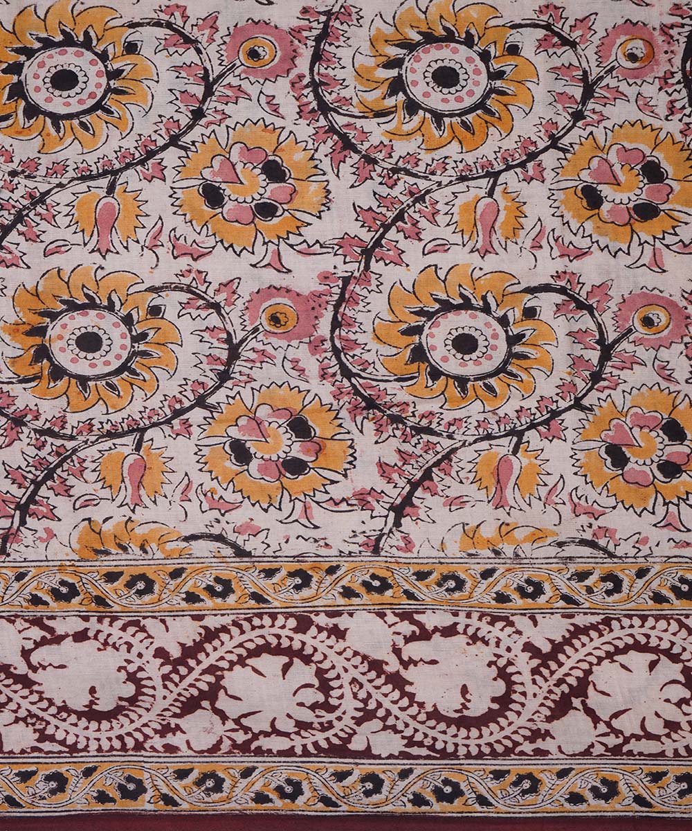 Cream white cotton handblock printed kalamkari saree