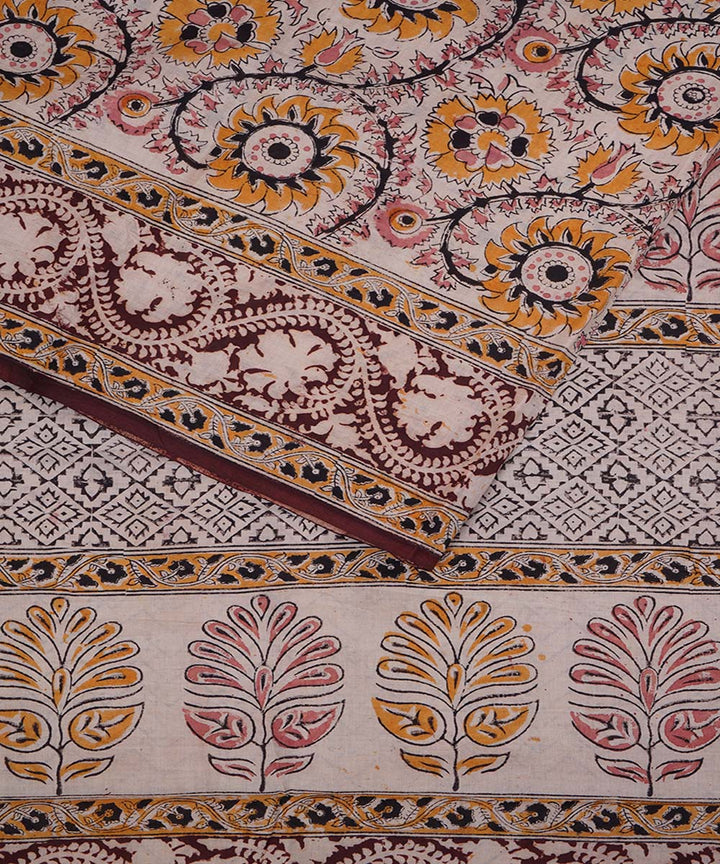 Cream white cotton handblock printed kalamkari saree