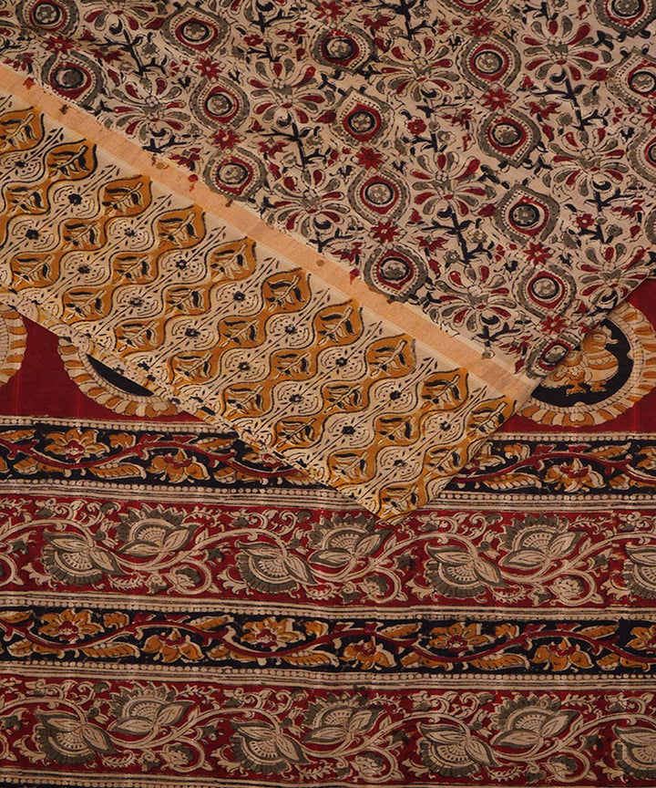 Red beige cotton handblock printed kalamkari saree