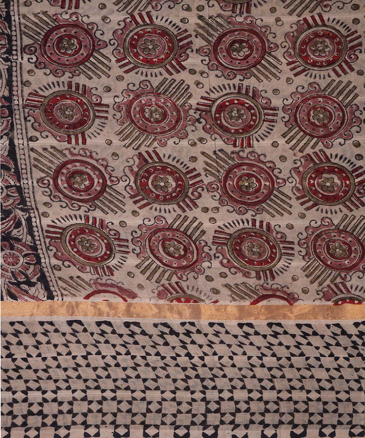 Maroon beige cotton handblock printed kalamkari saree