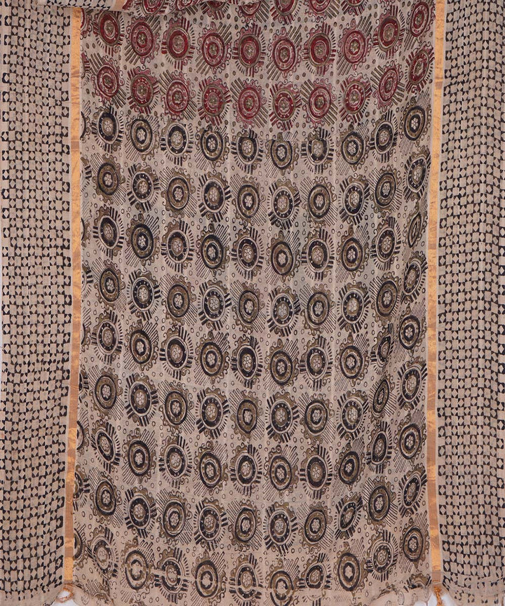 Maroon beige cotton handblock printed kalamkari saree
