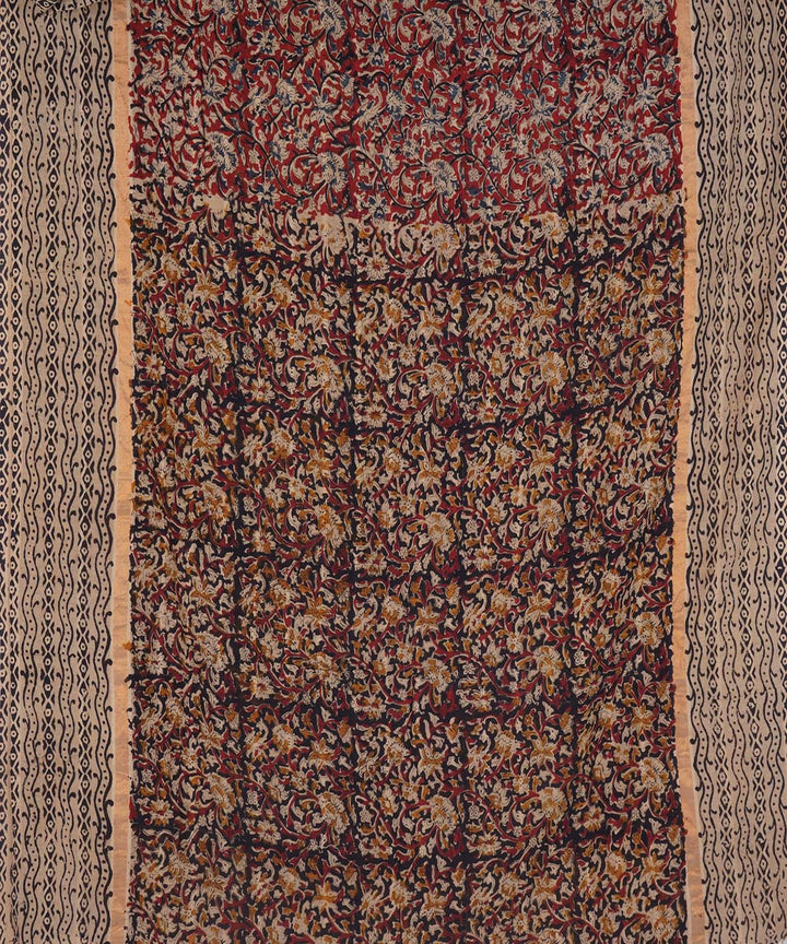 Dark red beige cotton handblock printed kalamkari saree