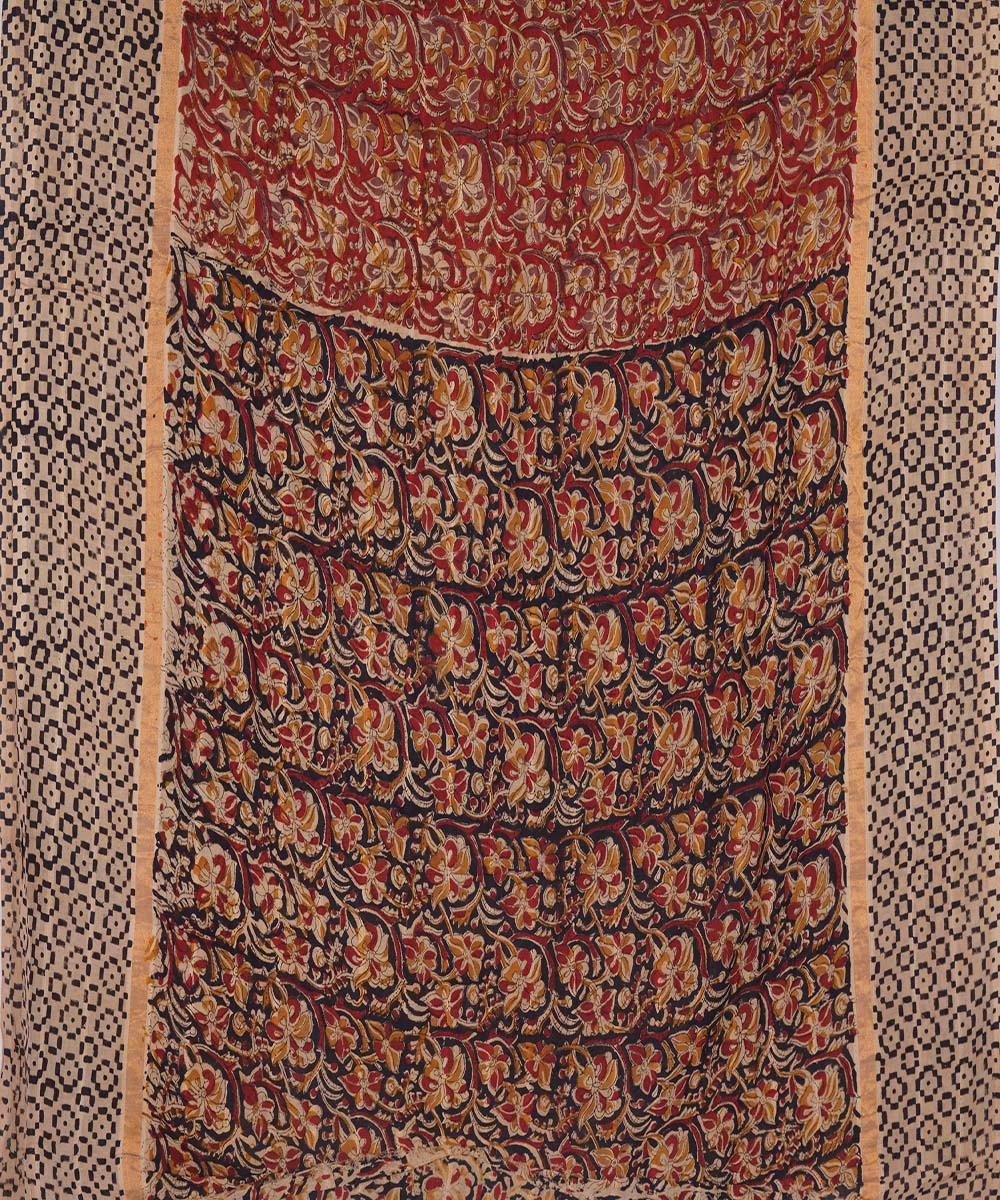 Orange red cotton handblock printed kalamkari saree