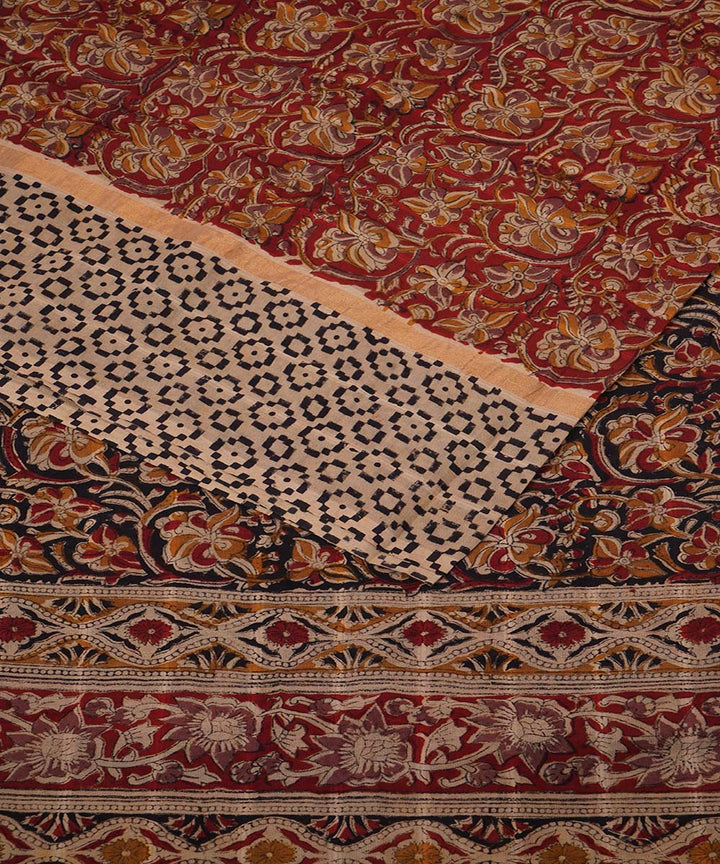 Orange red cotton handblock printed kalamkari saree